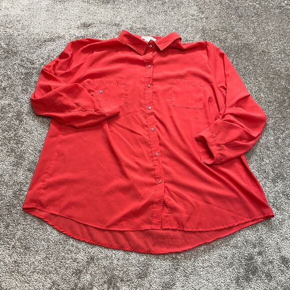 Ambiance Apparel Blouse Button Up Shirt Womens 2X Red Solid Long Sleeve Top - Picture 1 of 8